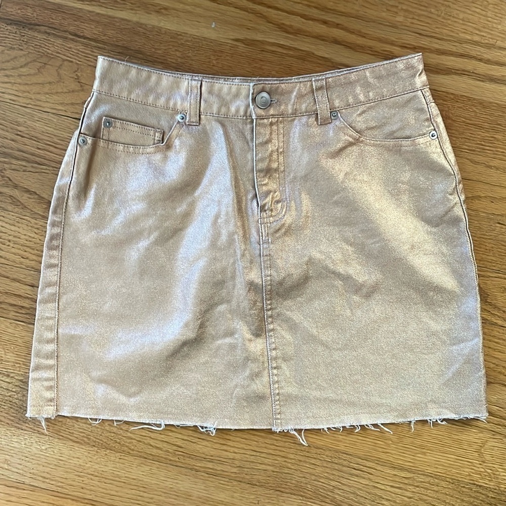 Forever 21 Metallic Gold Denim Skirt Distressed Hem Jean Skirt Junior M Holiday